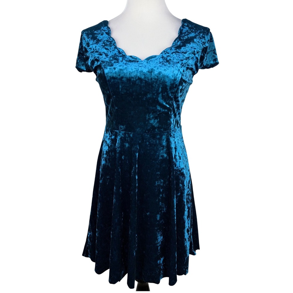 Altard State Teal Blue Crushed Velvet Scalloped Fit Flare Dress AN50267 Medium